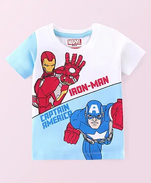 Babyhug Marvel Cotton Knit Half Sleeves T-Shirt with Avengers Print - White & Blue
