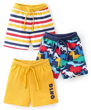 Babyhug Cotton Single Jersey Knit Shorts Stripes & Dino Print Pack Of 3 - Blue White & Yellow