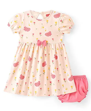 Babyhug 100% Cotton Jersey Knit Half Sleeves Frock With Bloomer Floral Print - Pink
