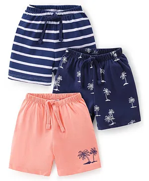 Babyhug Cotton Knit Shorts Striped & Palm Tree Print Pack of 3 - Multicolour