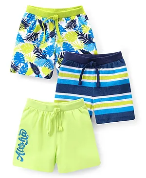 Babyhug Cotton Knit Stripes & Tropical Printed Shorts Pack of 3 - Multicolour