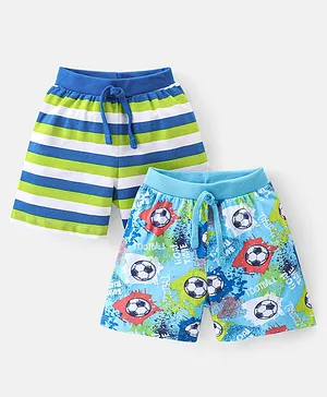 Babyhug Cotton Single Jersey Knit Shorts Stripes & Football Print Pack Of 2 - Blue & Green
