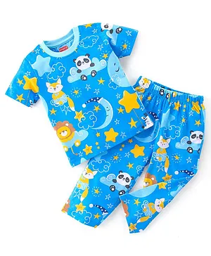 Babyhug Cotton Single Jersey Knit Half Sleeves Night Suit Panda Print - Blue