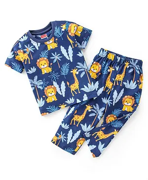 Babyhug Cotton Single Jersey Knit Half Sleeves Night Suit Jungle Safari Theme - Navy Blue