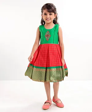 Enfance Sleeveless Ethnic Checked   & Zardosi Work Detailed Dress  - Green
