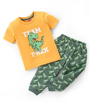 Babyhug Cotton Single Jersey Knit Half Sleeves Night Suit Dino Theme - Orange & Green