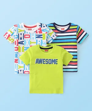 Babyhug Cotton Knit Half Sleeves T-Shirt Stripes & Text Print Pack of 3 - Multicolor