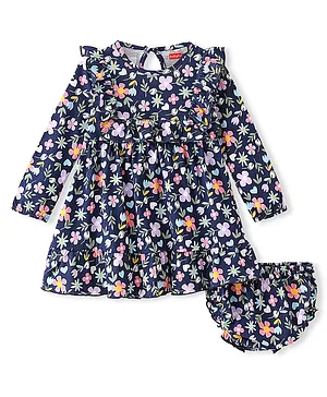 Babyhug Cotton Jersey Full Sleeves Frock With Bloomer Floral Print - Navy