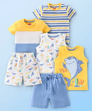 Babyhug Single Jersey Knit Half Sleeves Striped T-Shirts & Shorts Set Shark Print Pack of 6 - Mulicolour