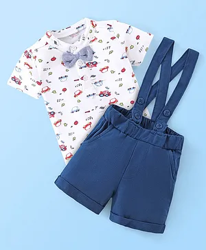 Babyhug 100% Cotton Knit Half Sleeves T-Shirt & Shorts With Car Print - White & Blue