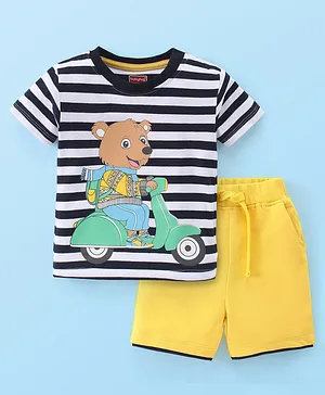 Babyhug 100% Cotton Knit Half Sleeves T-Shirt And Shorts Bear Print - Blue & Yellow