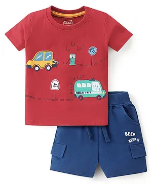 Babyhug Cotton Knit Half Sleeves Trucks Printed T-Shirt & Shorts Set - Red & Blue