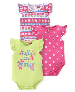 Babyhug 100% Cotton Knit Sleeveless with Frill Detailing Onesie Pack of 3 Text & Floral Print - Mutlicolour