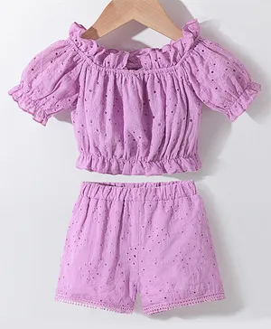 Kookie Kids Half Sleeves Schiffi Top & Shorts Set Solid Colour - Purple