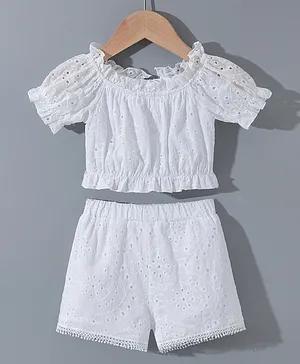 Kookie Kids Half Sleeves Schiffi Top & Shorts Set Solid Colour - White