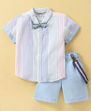 ToffyHouse 100% Cotton Woven Half Sleeves Striped Party Shirt & Shorts Set with Suspender - Blue