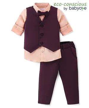 Babyoye Cotton Knit Full Sleeves Solid Colour Party Suit With Bow - Multicolour