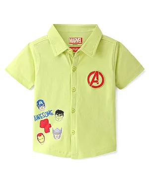 Babyhug Marvel 100% Cotton Knit Half Sleeves Regular Collar Avengers Printed Shirt- Lime