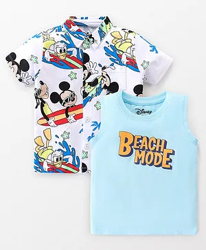 Babyhug Disney  Cotton Knit Half Sleeves Regular Collar Shirt with T-Shirt Mickey Mouse Print - White & Blue