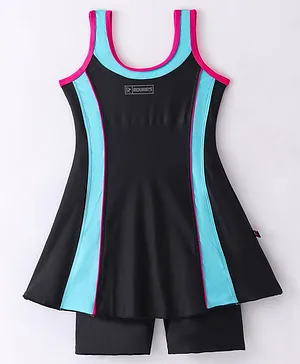 Rovars Cotton Blend Sleeveless Solid Color Frock Swimsuit - Black & Blue