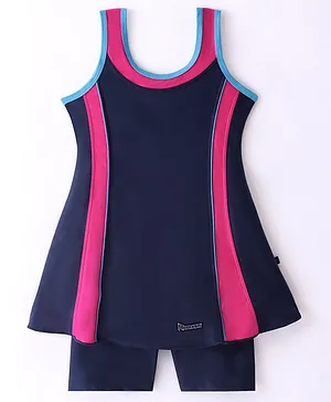 Rovars Cotton Blend Sleeveless Solid Color Frock Swimsuit - Pink & Navy Blue