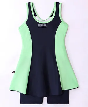 Rovars Cotton Blend Sleeveless Solid Color Frock Swimsuit - Green & Navy Blue