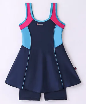 Rovars Cotton Blend Sleeveless Color Blocked Frock Swimsuit - Navy Blue & Pink
