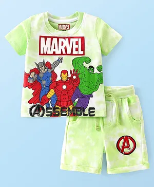 Babyhug Marvel Cotton Knit Half Sleeves Tie & Dye T-Shirt & Shorts Avengers Graphics - Green