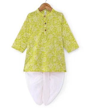 Babyhug 100% Cotton Woven Full Sleeves Floral Printed Kurta Dhoti Set-Green