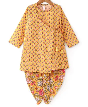 Babyhug Cotton Woven Full Sleeves Angarakha Kurta Dhoti Set Floral Print- Mustard