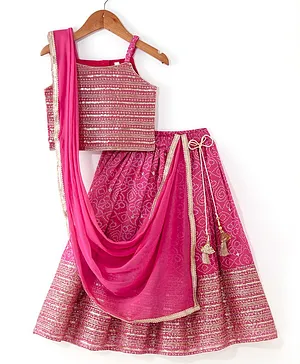 Babyhug Woven Sleeveless Embroidered & Sequence Detailing Choli & Dupatta with Georgette Printed Lehenga - Pink
