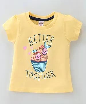Pink Rabbit Single Jersey Half Sleeves Top With Text Print - Yellow