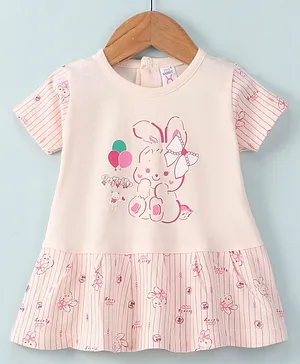 Pink Rabbit Single Jersey Knit Half Sleeves Frock Bear Print - Peach