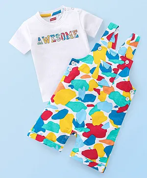 Babyhug 100% Cotton Knit Dungaree & Half Sleeves T-Shirt Set With Abstract Print -Multicolour