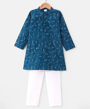 Babyhug Woven Full Sleeves Mirror Embroidered Kurta Payjama Set-Teal Blue