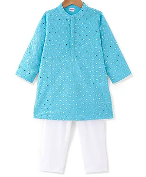 Babyhug Woven Full Sleeves Kurta & Pyjama Set With Zari Embroidered & Mirror Work - Blue & White