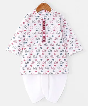 Babyhug Cotton Woven Full Sleeves Kurta & Dhoti Set With Elephant Print - White