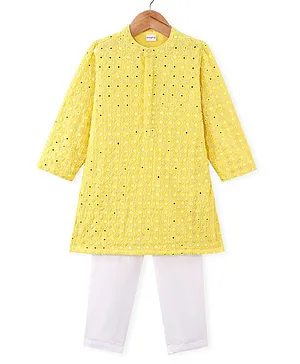 Babyhug Woven Full Sleeves Mirrior Embroide Kurta Payjama Set - Yellow
