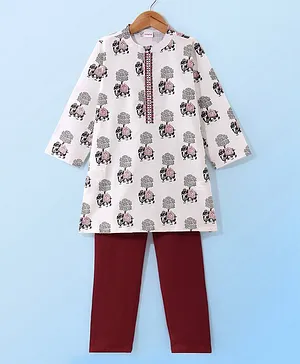 Babyhug 100% Cotton Woven Full Sleeves Elephant Printed Kurta Pyjama Set-White