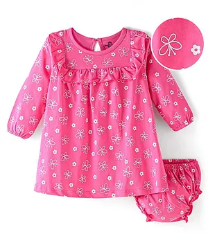 Doodle Poodle 100% Cotton Knit Full Sleeve Frock with Bloomer Floral & Butterfly Print- Pink
