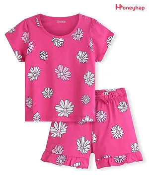 Honeyhap Premium 100% Cotton Single Jersey Half Sleeves Night Suit With Bio Finish Floral Print - Carmine Rose Pink