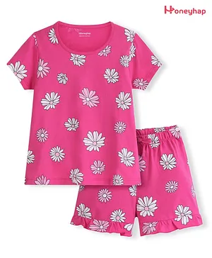 Honeyhap Premium 100% Cotton Single Jersey Half Sleeves Night Suit With Bio Finish Floral Print - Carmine Rose Pink