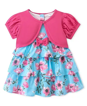Babyhug 100% Cotton Woven Frock With Half Sleeves Shrug Floral Print - Blue
