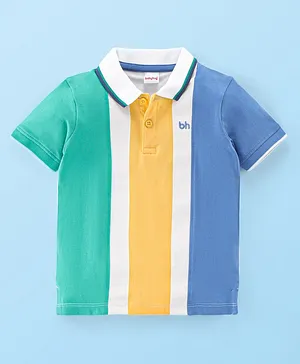 Babyhug 100% Cotton Knit Half Sleeves Polo T-Shirt  With Logo Embroidery Detailing - Blue & Green