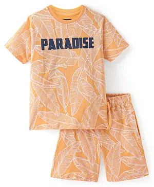 Pine Kids 100% Cotton Knit Half Sleeves Night Suit Leaf Print - Multicolor
