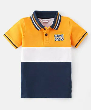 Babyhug 100% Cotton Knit Half Sleeves Polo T-Shirt Cut & Sew Design with Text Graphics - Yellow White & Blue