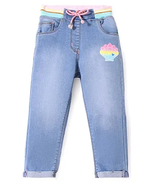Little Kangaroos 100% Cotton Denim Full Length Washed Jeans With Shell Print - Light Blue