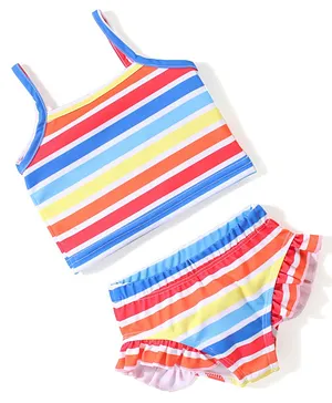 Babyhug Sleeveless Two Piece Striped Swimsuit - Multicolour