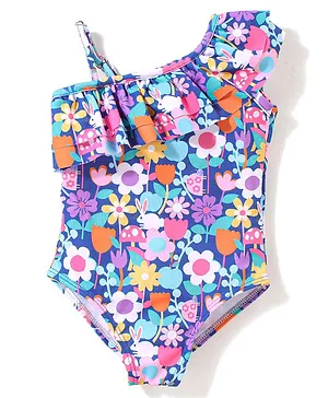 Babyhug Sleeveless  One Shoulder  V Cut Swimsuit Floral Print - Multicolour