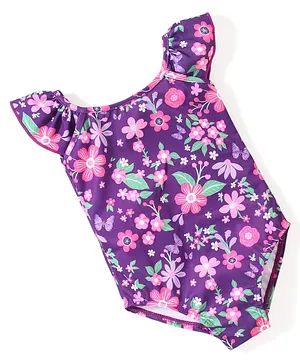 Babyhug Flutter Sleeves V Cut Swimsuit Floral Print - Purple